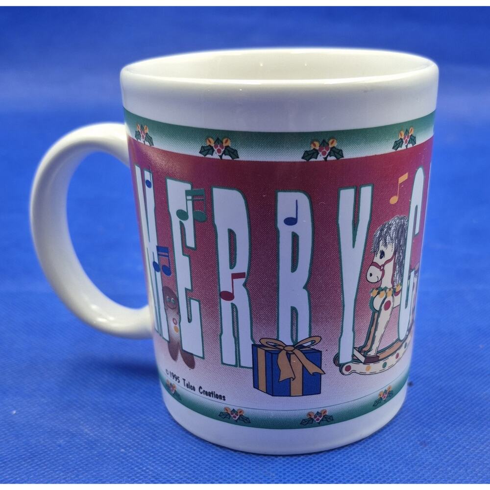 1995 Telco Merry Christmas Porcelain Mug Holly Music Notes Toys 12oz Capacity